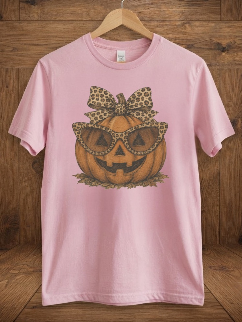Pumpkin Leopard Print Bow Sunglasses Halloween Vintage Pink T-Shirt